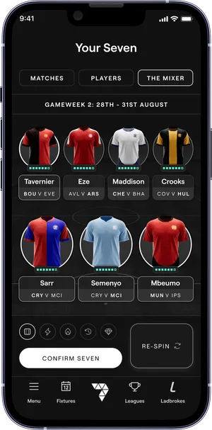 The Seven app - building a squad in The Mixer, ready to confirm