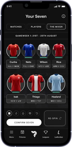 The Seven app - building a squad in The Mixer, ready to confirm